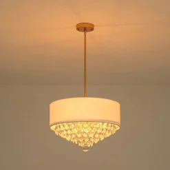 4-Light Crystal Accented White Fabric Drum Cage Chandelier