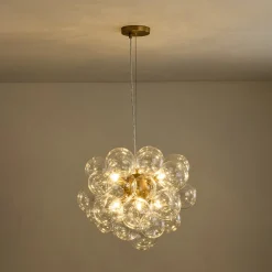 6-Light Dimmable Brass Cluster Clear Glass Bubble Sphere Chandelier