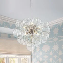 6-Light Dimmable Brass Cluster Clear Glass Bubble Sphere Chandelier