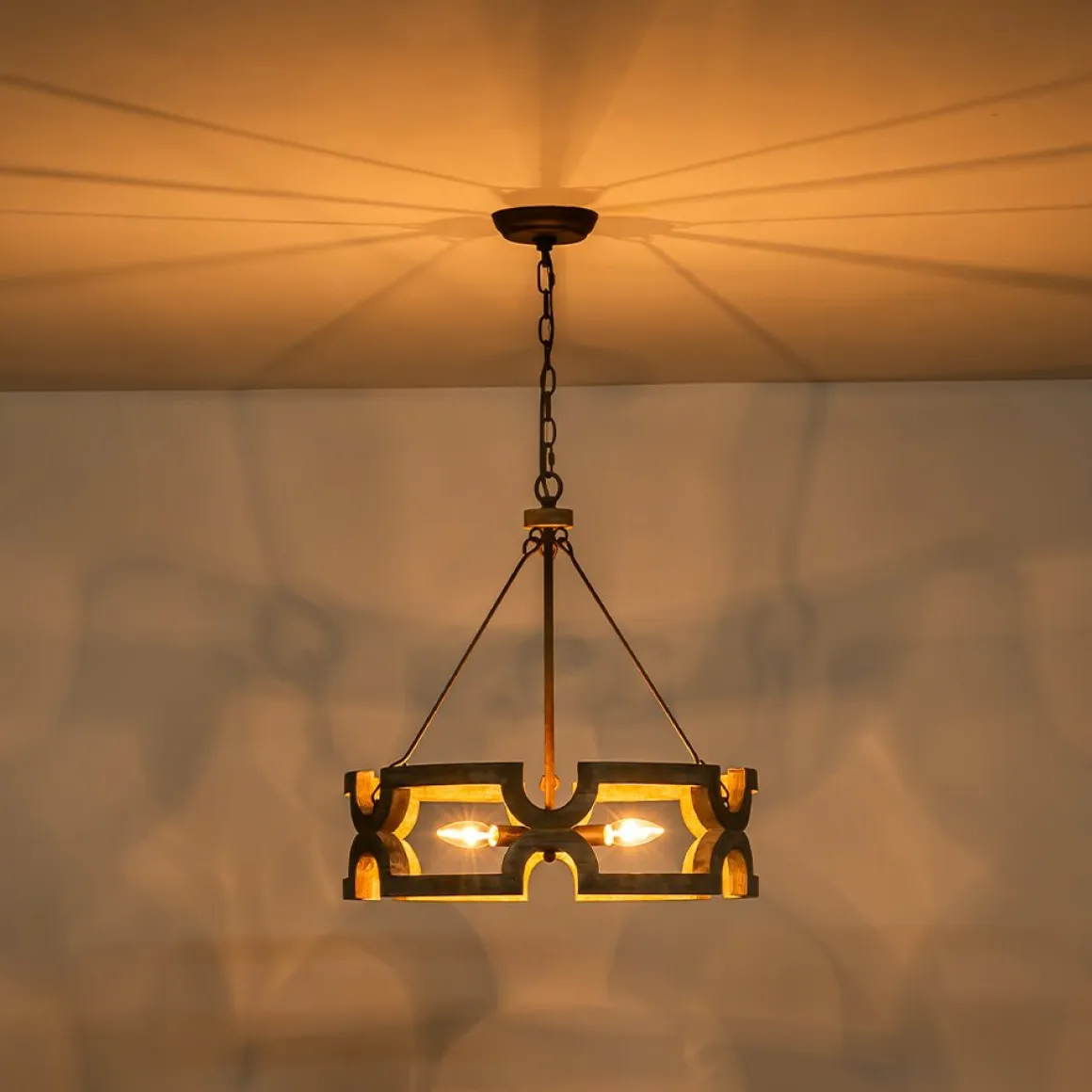 3-Light Farmhouse Open Aged Wood Drum Pendant Light