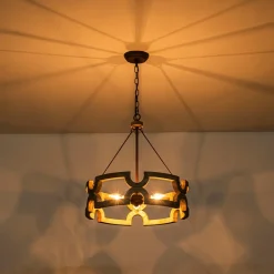 3-Light Farmhouse Open Aged Wood Drum Pendant Light