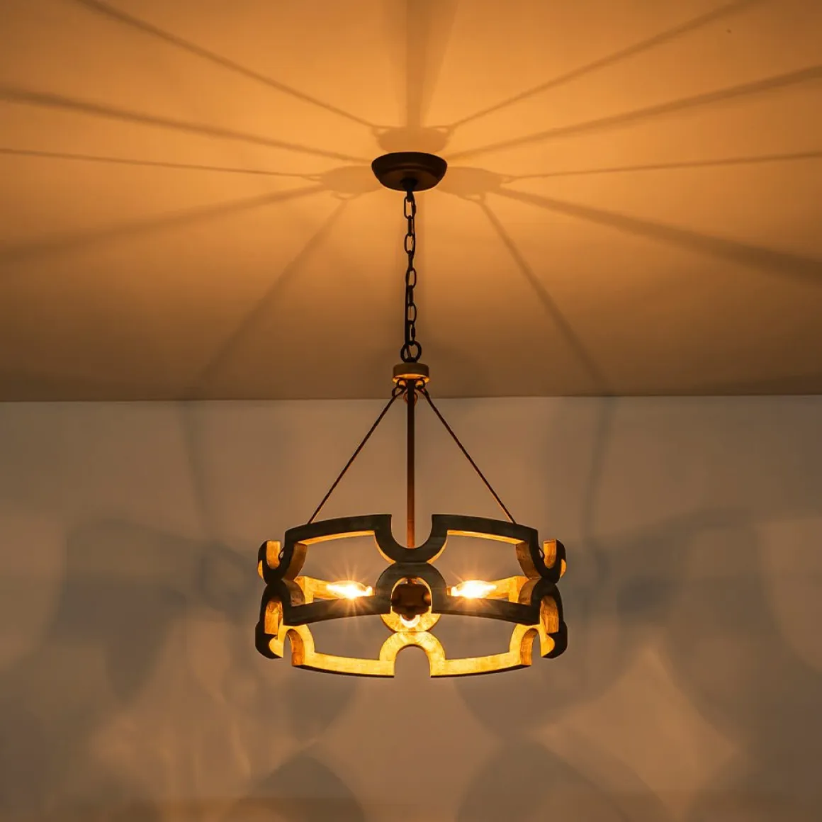 3-Light Farmhouse Open Aged Wood Drum Pendant Light