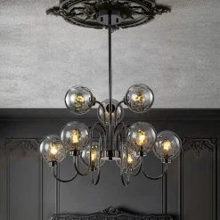 9-Light Hammered Smoked Glass Bubble Black Sputnik Chandelier