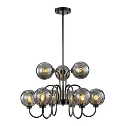 9-Light Hammered Smoked Glass Bubble Black Sputnik Chandelier