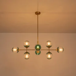 8-Light Linear Sputnik Tinted Blue Glass Bubble Chandelier