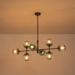 8-Light Linear Sputnik Tinted Blue Glass Bubble Chandelier
