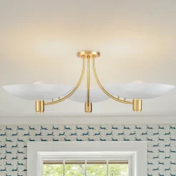 3-Light Modern Iron Brass White Saucer Semi Flush Mount