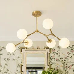 6-Light Opal Glass Globe Linear Branch Sputnik Chandelier