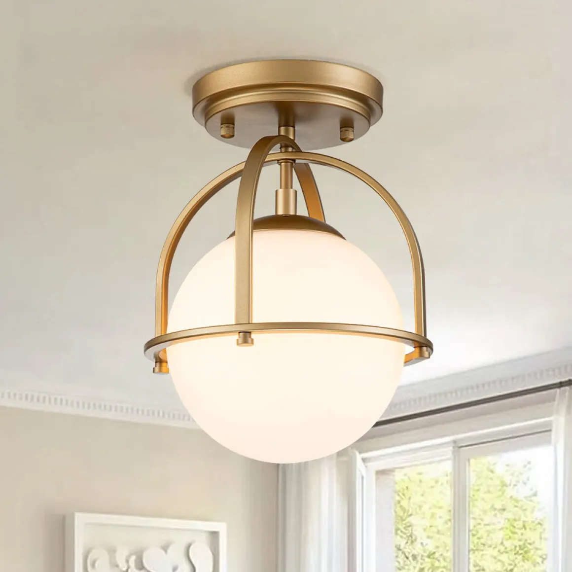 1-Light Opal Glass Sphere Semi-Flush Mount