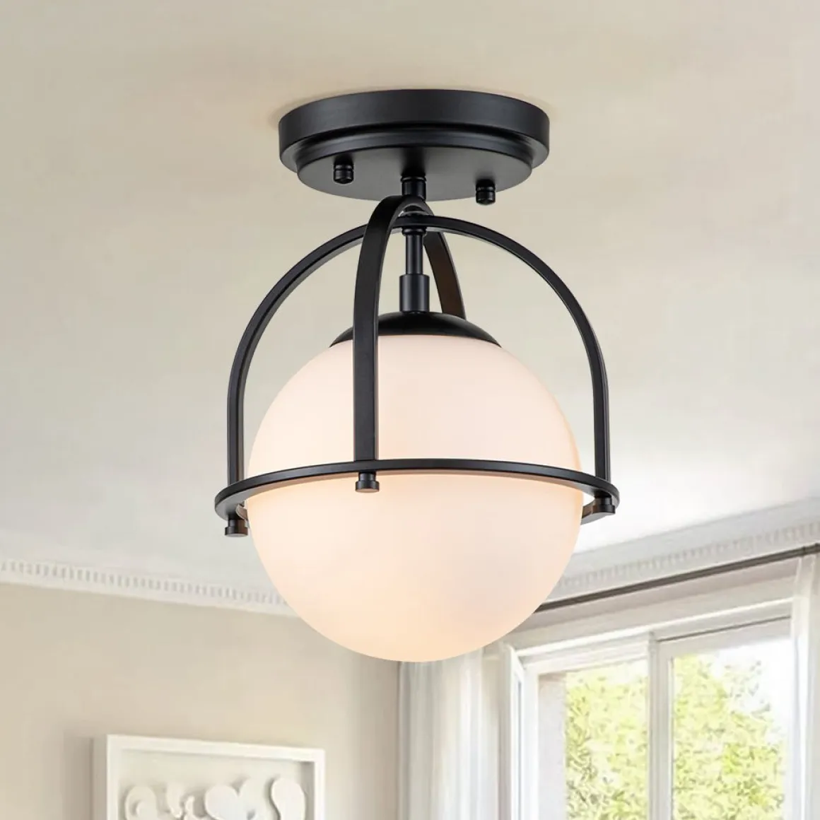 1-Light Opal Glass Sphere Semi-Flush Mount