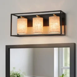 3-light Rectangular Black Frame Linen Wall Sconce