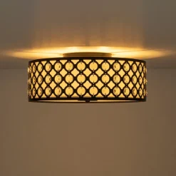 3-Light Round Drum Crystal Accented Fabric Flush Mount