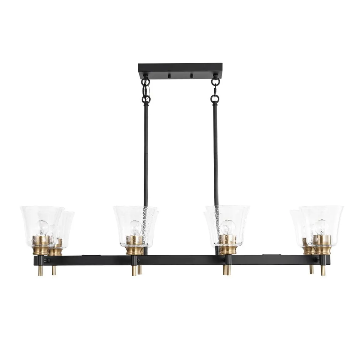 8-Light Seeded Glass Black Brass Linear Island Chandelier