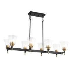 8-Light Seeded Glass Black Brass Linear Island Chandelier