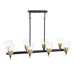 8-Light Seeded Glass Black Brass Linear Island Chandelier