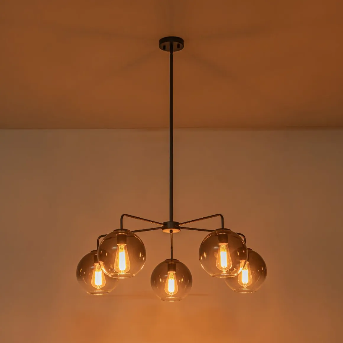 5-Light Smoked Grey Tinted Glass Globe Round Sputnik Chandelier
