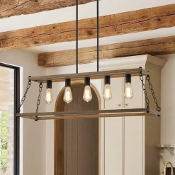 5-Light Trapezoid Wood Grain Chain Linear Island Chandelier