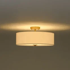 4-Light White Linen Round Drum Brass Semi Flush Mount
