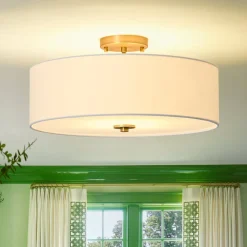 4-Light White Linen Round Drum Brass Semi Flush Mount