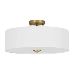 4-Light White Linen Round Drum Brass Semi Flush Mount