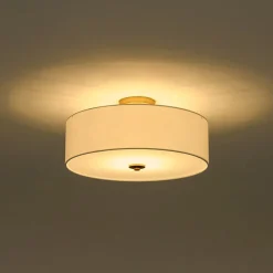 4-Light White Linen Round Drum Brass Semi Flush Mount