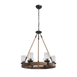 6-Light Wood Wagon Wheel Chandelier Modern Farmhouse