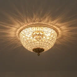 Luxe Vintage French Brass Round Crystal Cage Flush Mount Light