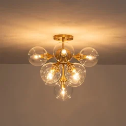 Mid-Century Brass Glass Bubble Tiered Semi Flush Chandelier