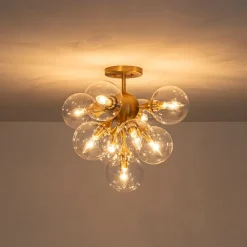 Mid-Century Brass Glass Bubble Tiered Semi Flush Chandelier