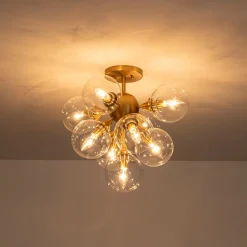 Mid-Century Brass Glass Bubble Tiered Semi Flush Chandelier