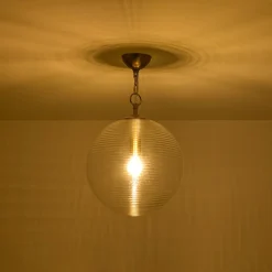 Mid-Century Brass 1-light Clear Reeded Glass Globe Pendant