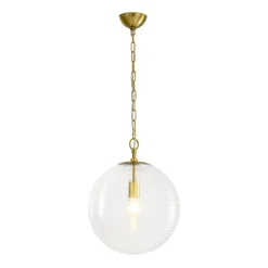 Mid-Century Brass 1-light Clear Reeded Glass Globe Pendant
