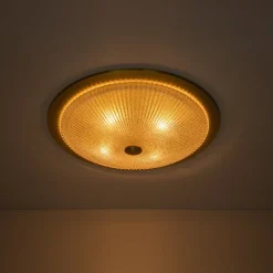 Mid-Century Brass Ribbed Textured Scalloped Glass Flush Mount