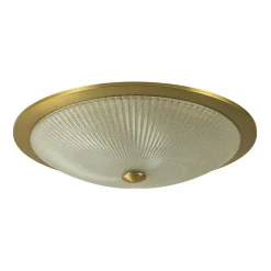 Mid-Century Brass Ribbed Textured Scalloped Glass Flush Mount