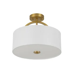 Mid-Century Brass Wide Linen Drum Semi Flush Mount