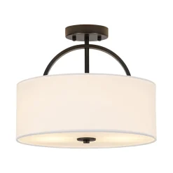 Mid-Century Brass Wide Linen Drum Semi Flush Mount