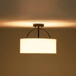 Mid-Century Brass Wide Linen Drum Semi Flush Mount