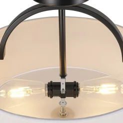 Mid-Century Brass Wide Linen Drum Semi Flush Mount