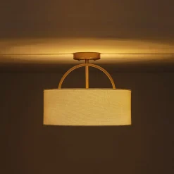 Mid-Century Brass Wide Linen Drum Semi Flush Mount