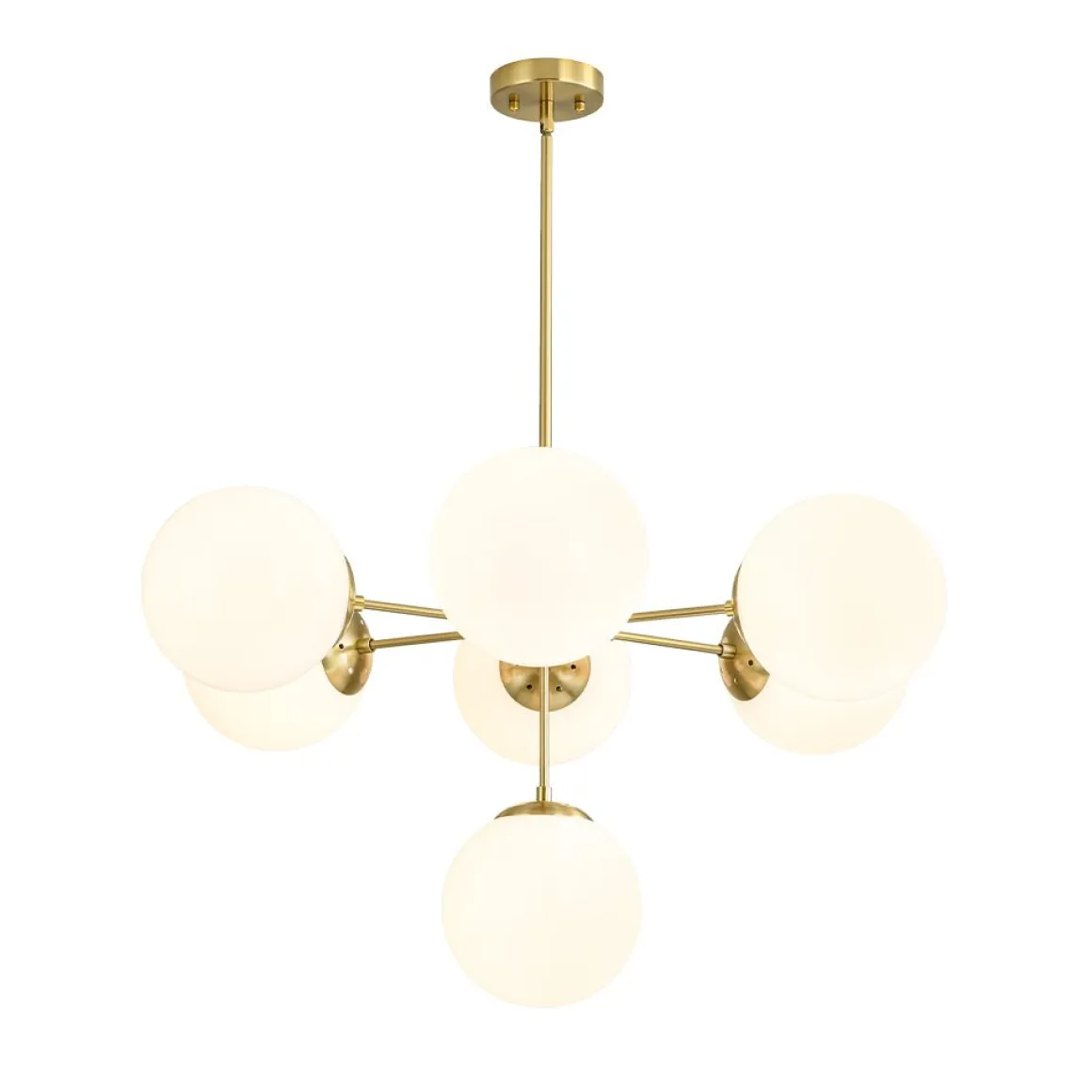Mid-Century 7-light Brass Opal Glass Globe Sputnik Chandelier