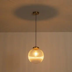 Mid-Century 1-Light Clear Ribbed Glass Globe Pendant