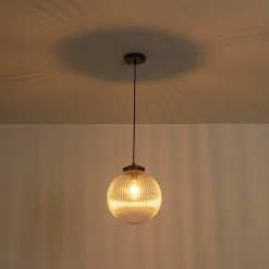 Mid-Century 1-Light Clear Ribbed Glass Globe Pendant