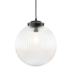 Mid-Century 1-Light Clear Ribbed Glass Globe Pendant