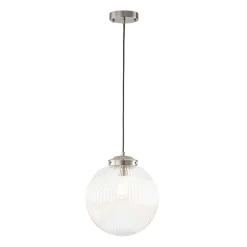 Mid-Century 1-Light Clear Ribbed Glass Globe Pendant