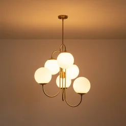 Mid-Century 6-Light Goose Arm Opal Glass Globe Tiered Chandelier