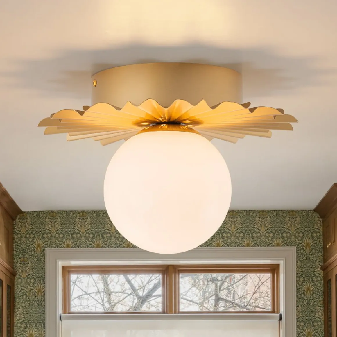 Mid-Century Sunburst 1-Light Opal Glass Globe Ceiling Light