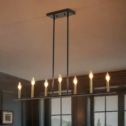 Minimalist Black Brass Candle Style Linear Island Chandelier