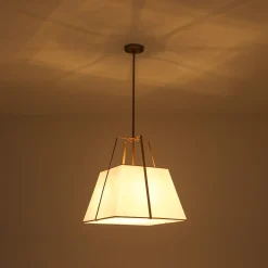 Modern Brass White Fabric Tapered Cage Pendant Light