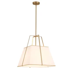 Modern Brass White Fabric Tapered Cage Pendant Light