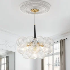 Modern Cluster Ribbed Glass Globe Bubble Chandelier